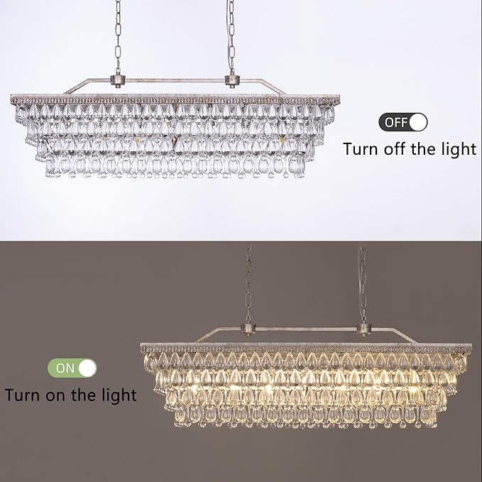 Wellmet Dining Room Crystal Chandelier, 40 Inch Antique Silver Rectangle Chandeliers 7 Lights 4 Tiers Farmhouse Ceiling Hanging Light, Vintage Large Light Fixtures for Kitchen Island, Living Room