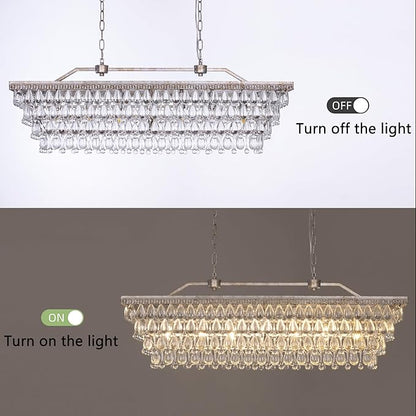 Wellmet Dining Room Crystal Chandelier, 40 Inch Antique Silver Rectangle Chandeliers 7 Lights 4 Tiers Farmhouse Ceiling Hanging Light, Vintage Large Light Fixtures for Kitchen Island, Living Room
