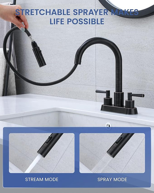 Bathroom Faucet with Pull Out Sprayer, Oil Rubbed Bronze Bathroom Faucet 3 Holes, 2 Handle Bathroom Sink Faucet with 360 Degree Swivel Spout, Pop Up Drain Assembly Included