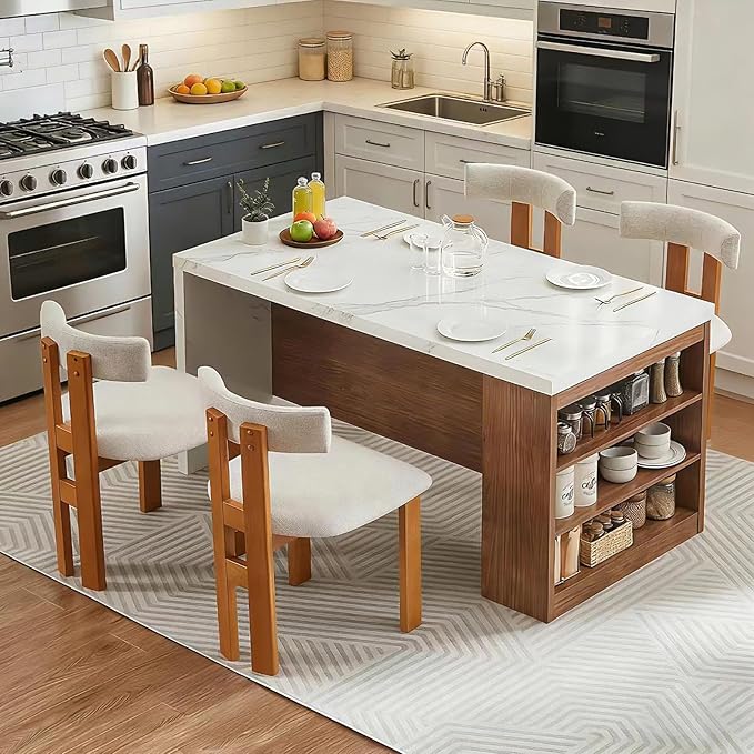 Large Island Table for Kitchen with Charging Station, Faux Marble Wooden Dining Table for 4-6 People, Modern Luxury Kitchen Island with LED Lights & Storage Space(61"x31"x35.4")