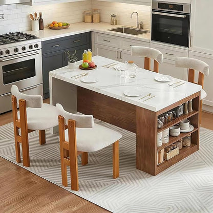 Large Island Table for Kitchen with Charging Station, Faux Marble Wooden Dining Table for 4-6 People, Modern Luxury Kitchen Island with LED Lights & Storage Space(61"x31"x35.4")
