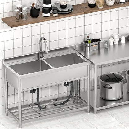 GGW 2-Compartment Commercial Sink, Stainless Steel Utility Sink with Pull-out Faucet, Free Standing Double Bowl Kitchen Sink for Restaurant, Garage, Shop, Cafe, Outoor, 21.7"D x 47.2"W x 37"H