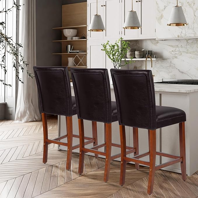 HomePop Home Decor Classic Counter Height Bar Stool, Set of 1, 29 Inch, Faux Leather Upholstered, Decorative Home Furniture, Dark Brown Faux Leather
