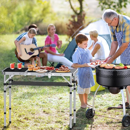 Anbte Folding Camping Table with Storage Net, 3ft Camping Table Aluminum Folding Table with 3 Adjustable Height Max 27.1 Inch Picnic Table Portable Table for Outdoor Backyard BBQ, Black