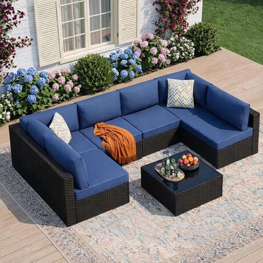 7-Piece Outdoor Patio Furniture Set, Modular PE Rattan Sectional Sofa with Thick Cushions & Glass Coffee Table, Weather-Resistant Wicker Conversation Set for Poolside, Balcony, Garden, Aegean Blue