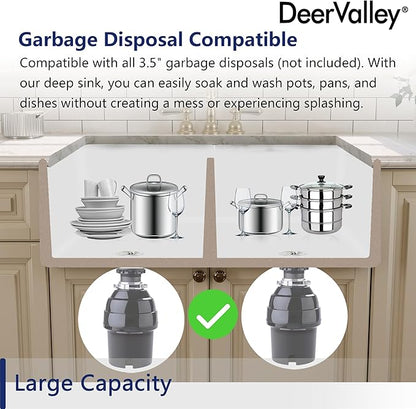 DeerValley 33 inch Workstation Kitchen Sink, White Fireclay Farmhouse Sink, Double Bowl Apron Front Deep Drop-in Undermount Sink with Workstation Accessories