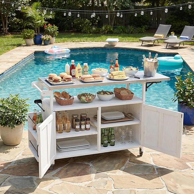 MERITLINE Foldable Outdoor Kitchen Island with Stainless Steel Top & Fir Wood Frame, Adjustable Hidden Shelf & Two-Tier Rack, Lockable Casters for Patio, Garden, Balcony, White