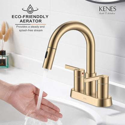 KENES Champagne Bronze Pull Down Bathroom Faucet, 4 Inch 2 Handle Centerset Bathroom Faucet 3 Hole with Pull Out Sprayer, Bathroom Vanity Faucet with Pop Up Drain & Supply Lines LJ-9069-CB
