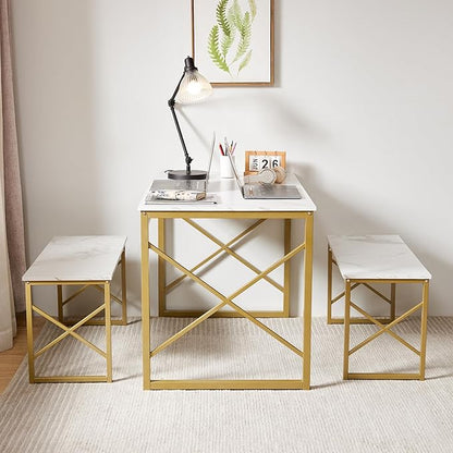 VECELO Kitchen Table with 2 Benches for 4, Wood Dining Room Dinette Sets with Metal Frame for Breakfast Nook and Small Space, Gold
