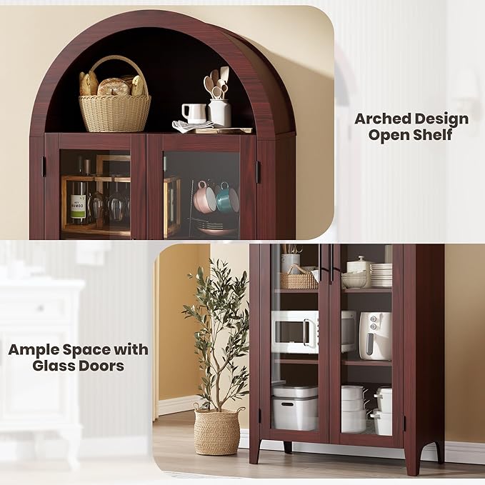 Garvee Arched Kitchen Pantry Storage Cabinet - 5-Tier Open Display Shelf with Glass Doors, Farmhouse Storage Cabinet for Kitchen, Dining Room, Living Room, Walnut