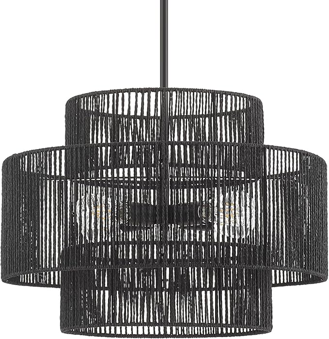 24” Boho Hand Woven Rattan Chandelier 3 Round Adjustable 4-Light Large Pendant Light for Kitchen Island Dining Room Living Room Hallway, Black, UL Listed