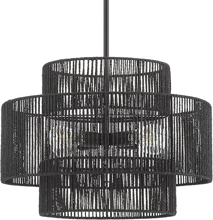 24” Boho Hand Woven Rattan Chandelier 3 Round Adjustable 4-Light Large Pendant Light for Kitchen Island Dining Room Living Room Hallway, Black, UL Listed