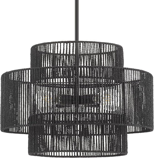 24” Boho Hand Woven Rattan Chandelier 3 Round Adjustable 4-Light Large Pendant Light for Kitchen Island Dining Room Living Room Hallway, Black, UL Listed
