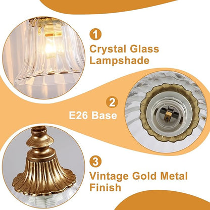 LmnLvn Gold Bathroom Vanity Light Fixture, 3 Lights Bathroom Lighting Matte Antique Brass Finish with Crystal Glass Shade, Gold Vintage Vanity Light for Bathrooms