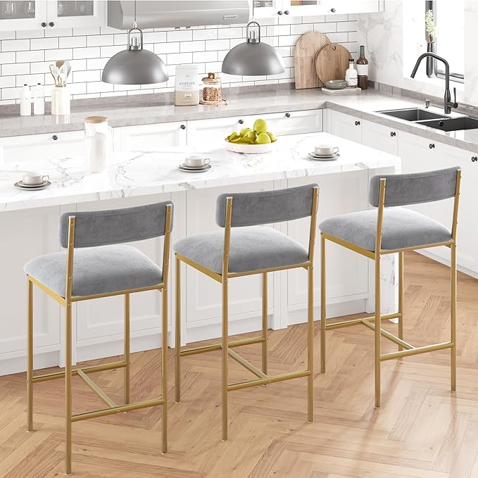 TrailBlaze Set of 2 Upholstered Bar Stools with Backrest & Footrest, Counter Height Dining Chairs, Thick Cushions - Modern Soft Fabric Grey and Gold - Kitchen Island, Dining Room, Bar - Easy Assembly