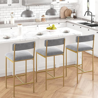 TrailBlaze Set of 2 Upholstered Bar Stools with Backrest & Footrest, Counter Height Dining Chairs, Thick Cushions - Modern Soft Fabric Grey and Gold - Kitchen Island, Dining Room, Bar - Easy Assembly