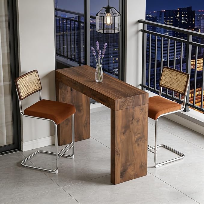 Counter Height Dining Set with Rattan Back Stools,Bar Table with 2 Drawers,Upholstered Kitchen Island Chairs,Chrome Cantilever Frame,Modern Furniture for Dining Room (Walnut Table,2 Coffee Chairs)
