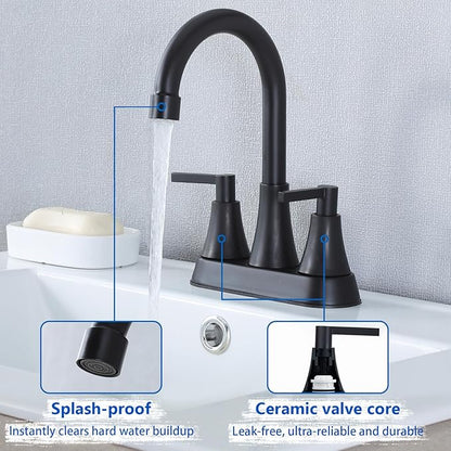 VCCUCINE Bathroom Faucet Matte Black 2 Handle,4-Inch Centerset Bathroom Sink Faucet with pop-up Drainer and 2 Water Supply Hoses, 360°Swivel Spout Bath Rv Lavatory Vanity,2 Pack,VC-MC-010B-2