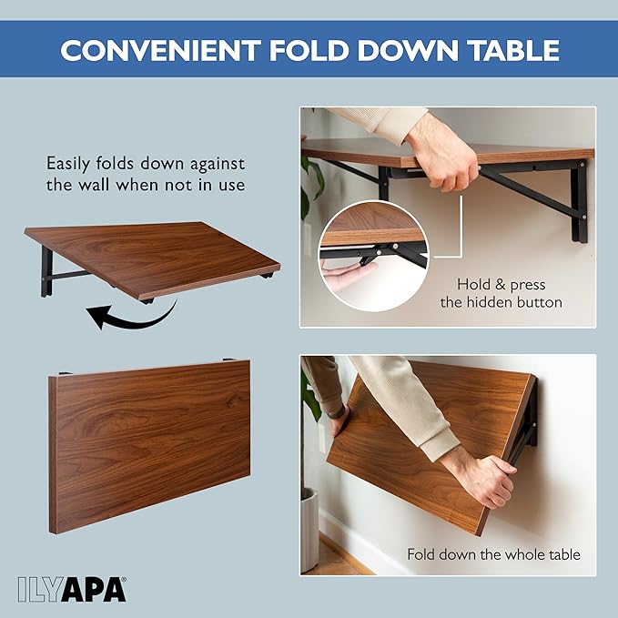 Ilyapa Wall Mounted Folding Table - 16x40 Wood Floating Desk for Wall, Laundry Folding Table - 1.5 inch Fold Down Wall Desk for Small Spaces - Mahogany