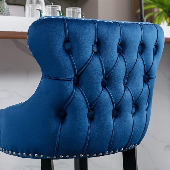 Rhomtree Elegant Button Tufted Upholstered Fabric Bar Stools with Nailhead Trim, Dining Side Chair, Leisure Padded Chairs with Solid Wooden Legs Home Kitchen Island Wooden Bar Chairs (Blue, Set of 2)