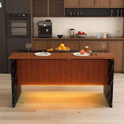 BROVAVE 63" Spacious Surface Extendable Dining Table, Kitchen Work Island with Integrated LED Lighting, Kitchen Island Table with Grille Accents for Kitchen Dining Areas, Walnut+Black
