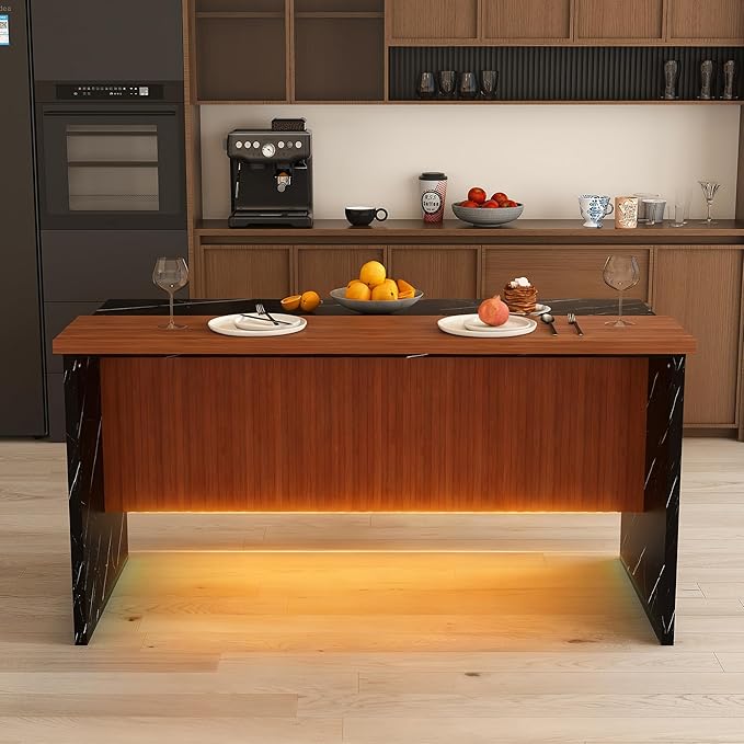 63" Modern Kitchen Island with Marble-Look Surface, LED Lights & Grille Design for Dining Room or Living Room, Black (Island Only)