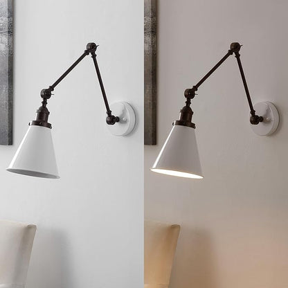 JONATHAN Y 7" White/Oil Rubbed Bronze Classic Industrial Metal Adjustable Arm LED Wall Sconce for Bedside Reading, Farmhouse Swing Arm Wall Lamp with Metal Shade, Hardwired (JYL7462C)