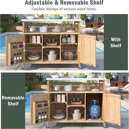 50.25" Kitchen Island Rolling Bar Cart & Storage Cabinet, Farmhouse Solid Wood Outdoor Grill Table with Stainless Steel Top and Spice, Towel Rack for BBQ,Natural