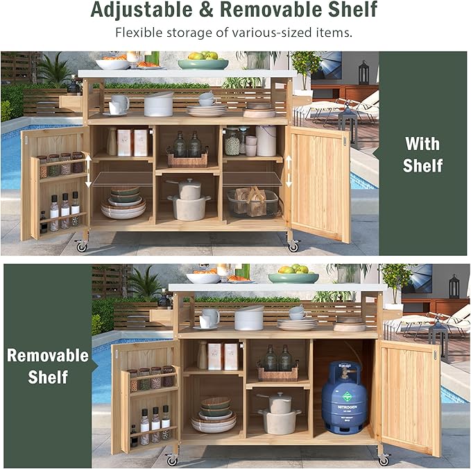 Modern Dining Table Outdoor Kitchen Island with Cabinet, Rolling Bar Cart, Farmhouse Solid Wood Grill Table with Stainless Steel Top, Spice Rack, Towel Rack for Kitchen Dining Room Tables,Natu