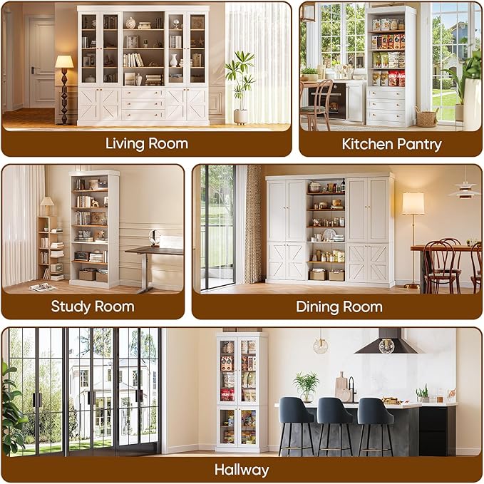 70.8" Tall Farmhouse Kitchen Pantry Cabinet with Doors, Modular Storage Cabinet with 4-Tier Adjustable Shelves, Wooden Hutch for Kitchen or Living Room, Set of 2, White