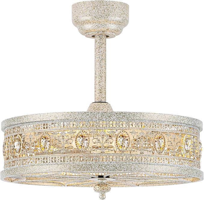 Fandelier Ceiling Fan with Light,French Coastal Ornate Caged Bladeless Chandelier Fan,Elegant Statement Crystal Round Drum Light Fixture,Hanging/Flush Mount for Bedroom,Kitchen,Dining Room,Living Room