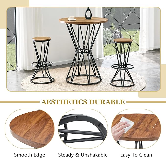 Industrial 3-Piece Bar Counter Set – 31.5" Round MDF Table & 2 Rust-Resistant Metal Bar Stools with Foot Pedals | Perfect for Small Apartments, Kitchen Islands, Home Bars (Walnut+Black)