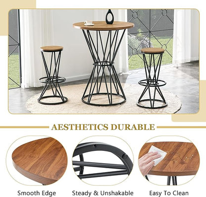 Industrial 3-Piece Bar Counter Set – 31.5" Round MDF Table & 2 Rust-Resistant Metal Bar Stools with Foot Pedals | Perfect for Small Apartments, Kitchen Islands, Home Bars (Walnut+Black)