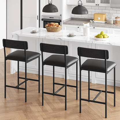 TrailBlaze Bar Stools Set of 2, 25.5'' Counter Height Upholstered Chairs with Backrest & Footrest, Modern PU Leather Barstools - Kitchen Island, Dining Room, Breakfast Bar - Easy Assembly - Black