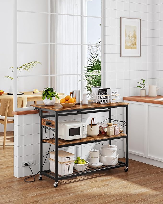 CHOEZON Kitchen Island with Power Outlet and Folding Top, Movable with 3-Tier Storage, Large Size, Wooden Shelves and Wine Rack, for Kitchen, Dining and Living Room, Rustic Brown and Black TZD02UBF