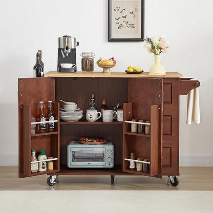 Modern Dining Table Expandable Kitchen Island with Drop Countertop Cabinet Tower Rack Rolling Cart Wheels Wood Console,Brown-3