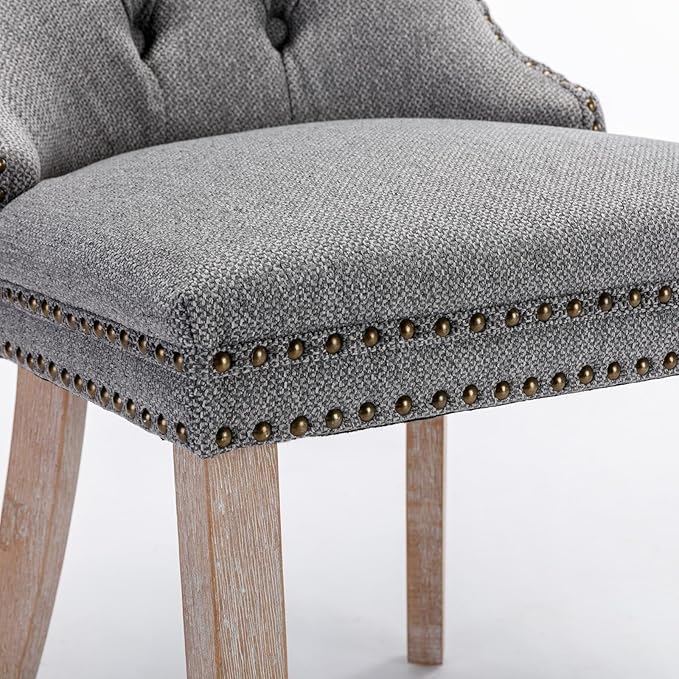 Ball & Cast Contemporary Upholstered Dining Chairs Set of 2, Button Tufted Kitchen Side-Chairs with Hang Ring & Nailhead Trims & Solid Wood Legs, 2-Piece Backrest Traditional Chair, Linen Gray