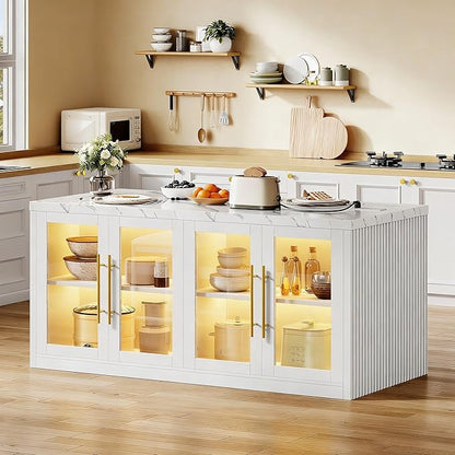 Kitchen Island with Storage, 55" W Large Island Table with LED Light for Dining Room, Kitchen Carts on Wheels Breakfast Bar Table w/Power Outlet, White