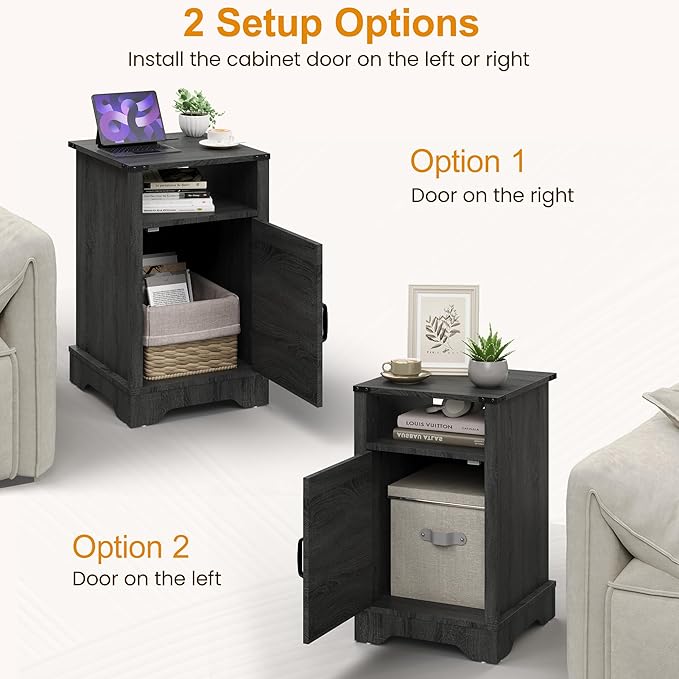 RoyalCraft 25" Tall Nightstands Set of 2, Farmhouse Nightstand with Charging Station, Large End Table with Storage, Wood Grey Bedside Table for Bedroom, Dark Grey