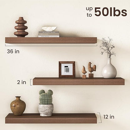 36Inch Walnut Floating Shelves for Wall, 12 Inch Deep Shelves for Bedroom, Kitchen, Bathroom Wall Mounted, Rustic Wood Floating Shelf with Invisible Brackets for Books, Storage, Decor, 2 Packs