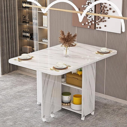Wooden Folding Dining Table with Drop Leaf, Space-Saving Kitchen Island Table with Wheels, Hidden Storage(Gray White,47.2inch)