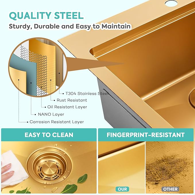 Rhbamoa Gold Kitchen Sink,31 Inch Gold Drop in Kitchen Sink Single Bowl,16 Gauge T304 Stainless Steel Workstation Sinks,10 Inch Deep Topmount Sinks with All Accessories