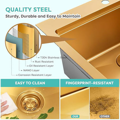 Rhbamoa Gold Kitchen Sink,31 Inch Gold Drop in Kitchen Sink Single Bowl,16 Gauge T304 Stainless Steel Workstation Sinks,10 Inch Deep Topmount Sinks with All Accessories