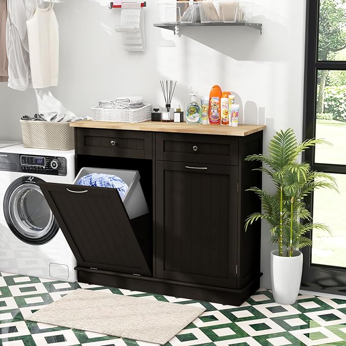 Giantex Tilt Out Trash Can Cabinet, Kitchen Island Table w/RubberWood Top, 2 Drawers, Adjustable Shelf for Hidden Laundry Hamper, Pet Proof Garbage Can for Dining Living Room (Brown, 15.5 Gal)