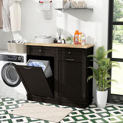 Giantex Tilt Out Trash Can Cabinet, Kitchen Island Table w/RubberWood Top, 2 Drawers, Adjustable Shelf for Hidden Laundry Hamper, Pet Proof Garbage Can for Dining Living Room (Brown, 15.5 Gal)