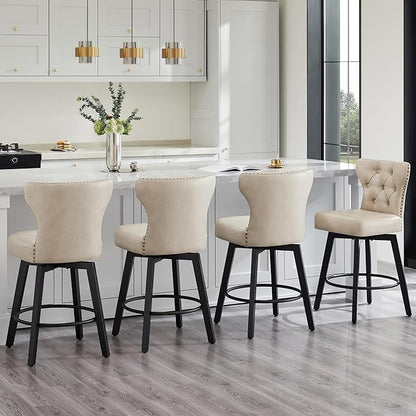 KISLOT Counter Height Barstools 26 inch Upholstered Button Tufted Swivel Bar Stools with Back for Kitchen Island,Set of 2,Beige PU Leather