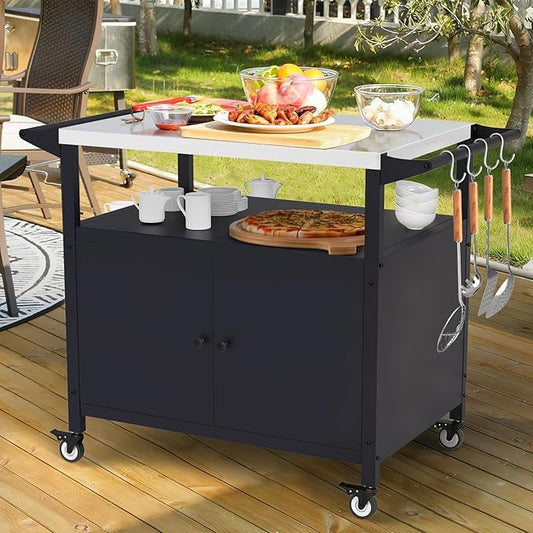 COZEER Outdoor Grill Table with Storage, Movable BBQ Grill Cart, Outdoor Kitchen Prep Station, Rolling Bar Serving Cart with Utensil Hooks, Blackstone Griddle Stand