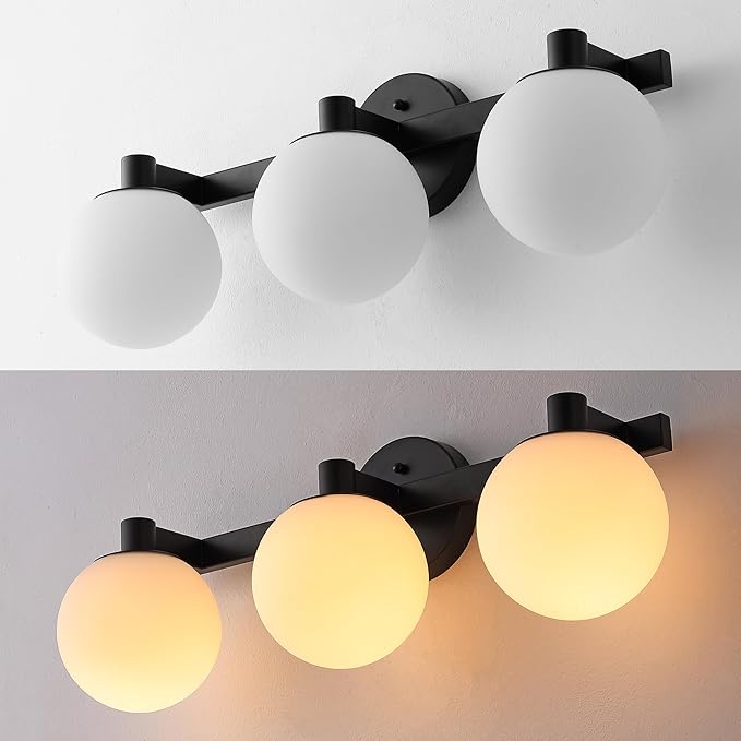 JONATHAN Y 24" Black/White Modern Globe LED Vanity Wall Sconce Light, White Frosted Glass Shade, Mid-Century Art Deco Wall Lamp for Bathroom, Kitchen, Hallway (JYL3542B)
