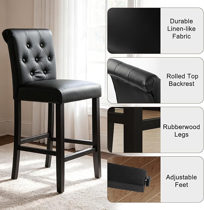 LSSBOUGHT 24 Inches Leather Counter Height Stools Set of 4 with Solid Wood Legs Bar Chairs for Kitchen lsland & Dining Room(Black,4PCS)
