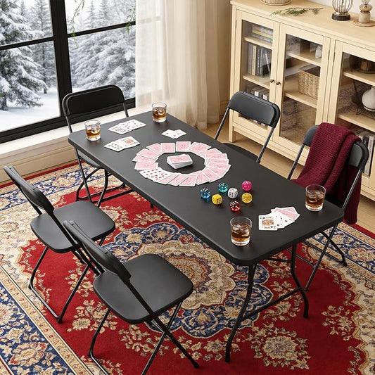 5ft Folding Table, Heavy Duty Plastic Card Table with Foldable Steel Legs, Metal Frame Support up to 500 lb, Portable for Indoor, Outdoor, Picnic, Camping, Dining, Party, Black